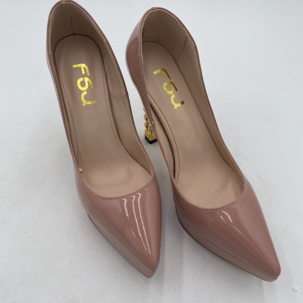 FSJ Nude Platform Gold Metal Chain Chunky High Heel Pointed Toe Prom Pumps - Picture 4 of 8